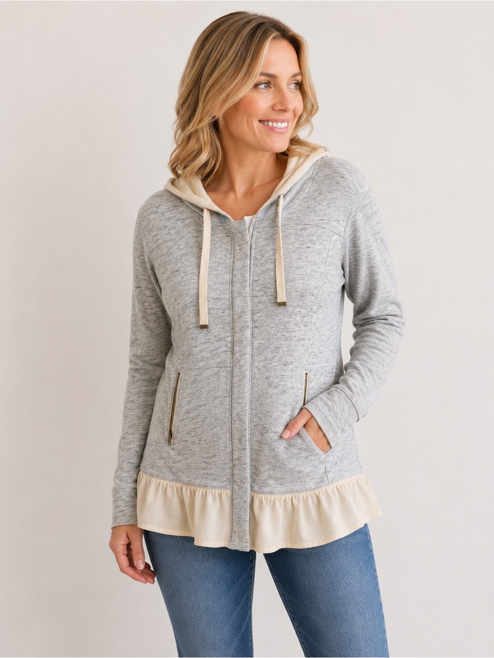 Whimsy Soft Girl Evy’s Tree Grey Hidden Zip Hoodie Ruffle Casual Wear Size XL